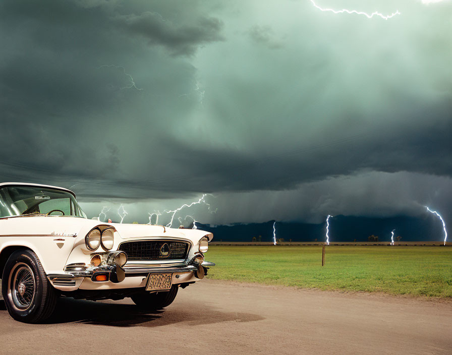 Vintage White Car Parked Against Dark Stormy Sky with Lightning Bolts