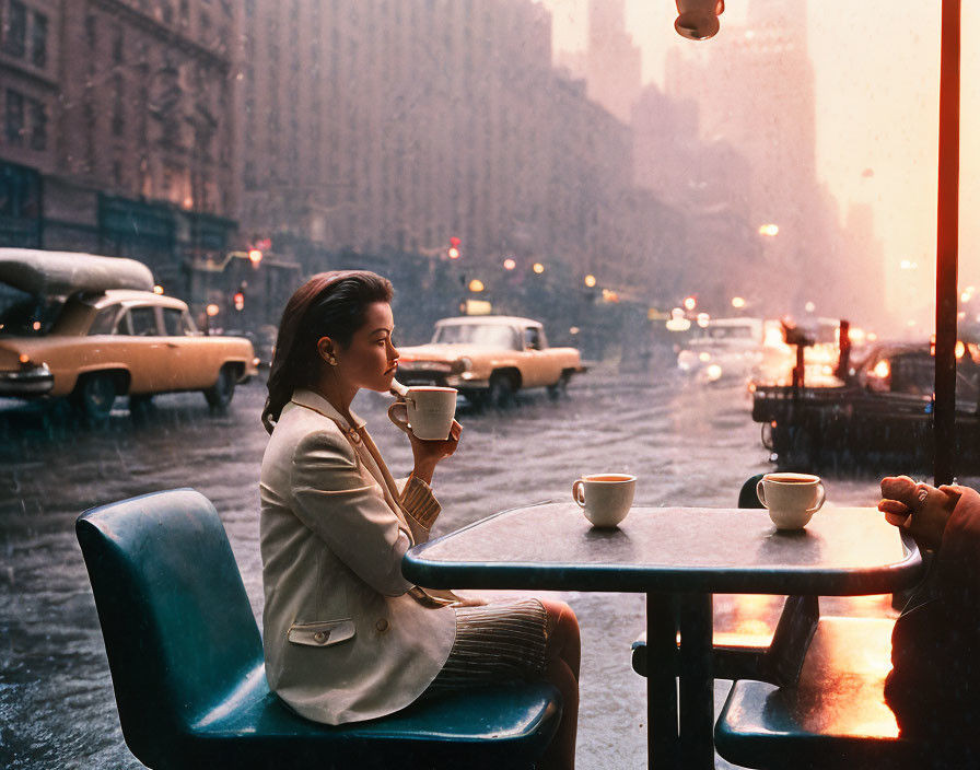 Woman sips coffee at diner table watching rain on city street with yellow cabs.