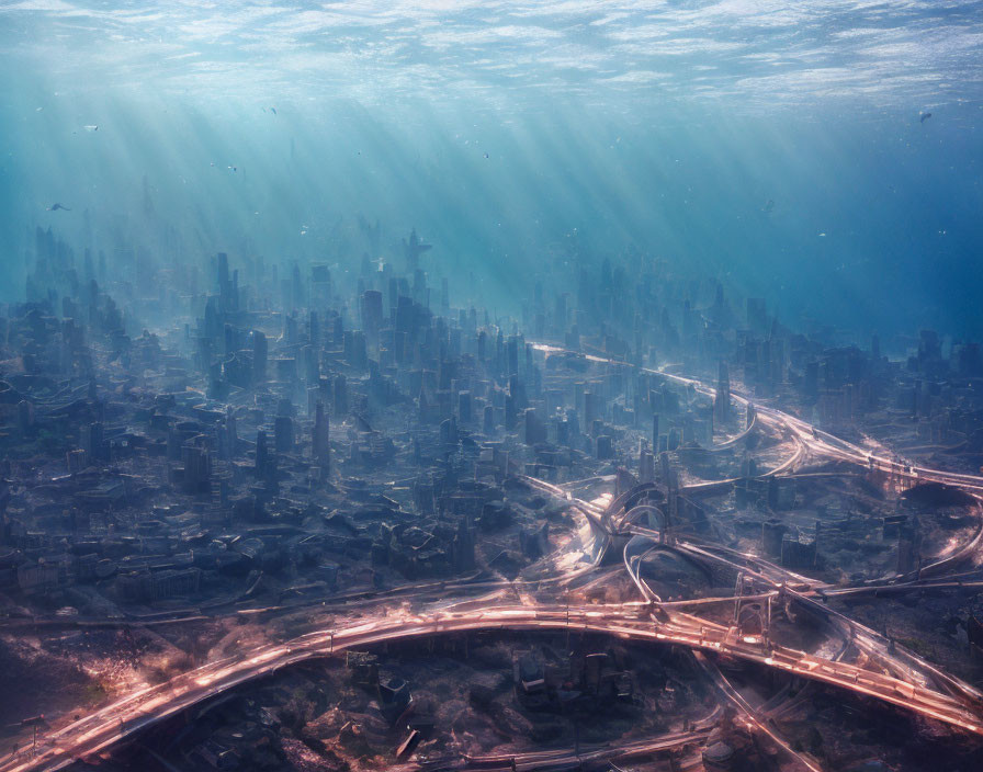 Sunlit underwater cityscape with warm glow amid cool blue depths