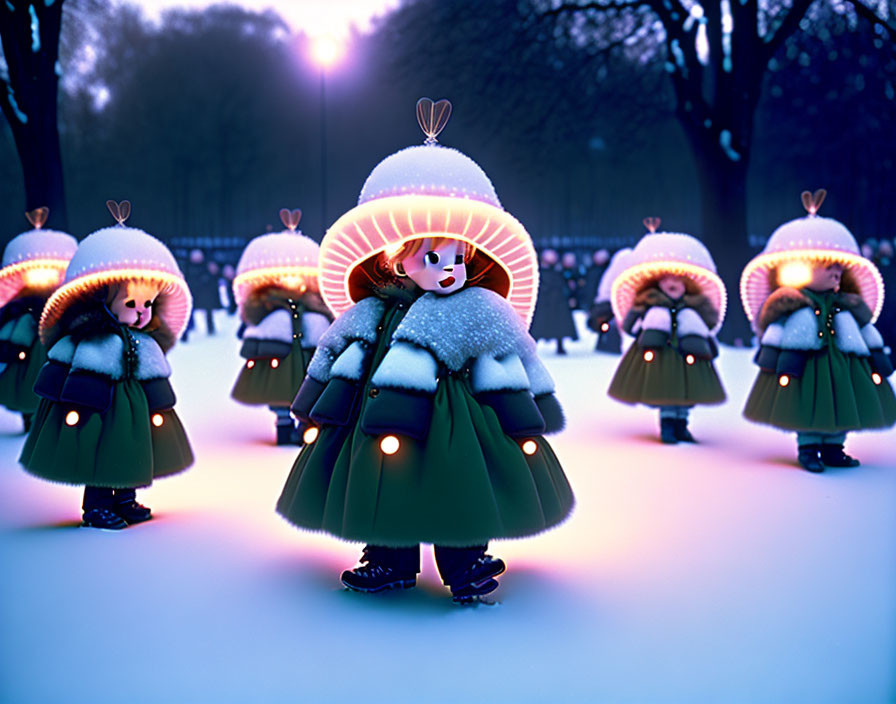 Whimsical dolls with illuminated skirts in snowy twilight