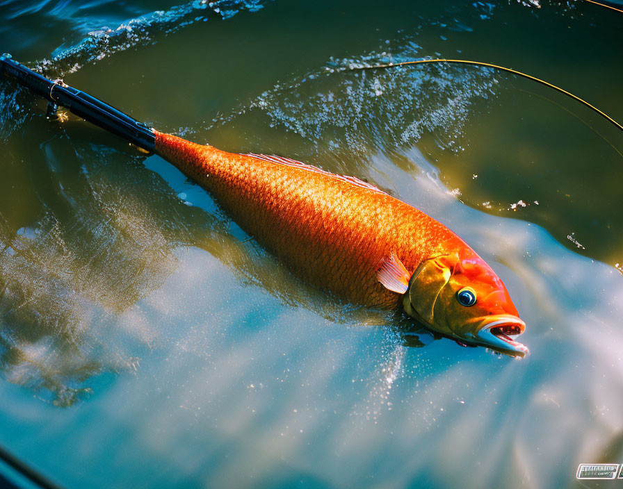 Golden Fish Caught on Fishing Line and Rod Being Pulled Out of Water