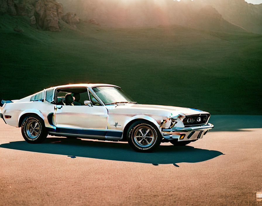 Classic White Mustang with Racing Stripes Parked at Sunset