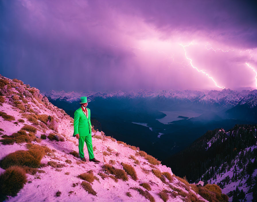 Person in Bright Green Suit on Mountain Slope with Lightning in Purple Sky