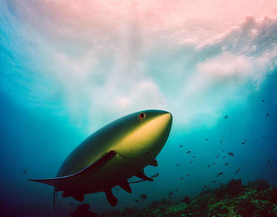 Silvery fish swimming underwater with sunrays and small fish.