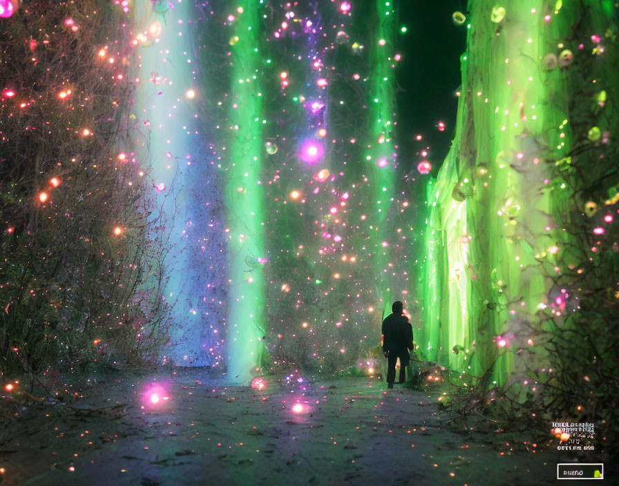 Person standing in vibrant, illuminated magical pathway surrounded by glowing orbs and foliage