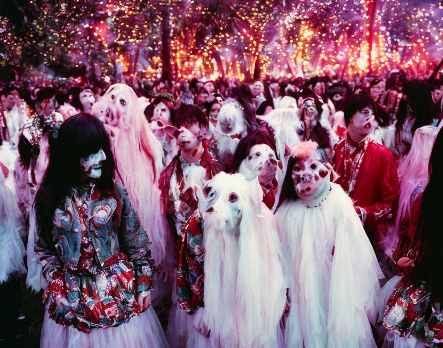 Colorful People in Masks at Festive Event with Lights