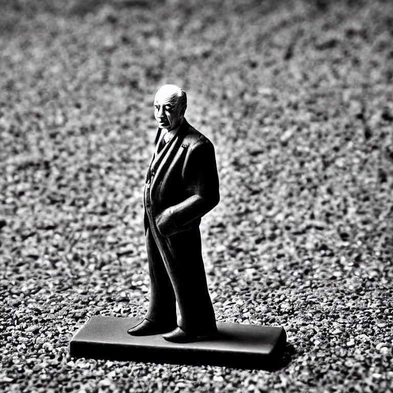 Monochrome man in suit on pebble surface with dramatic lighting