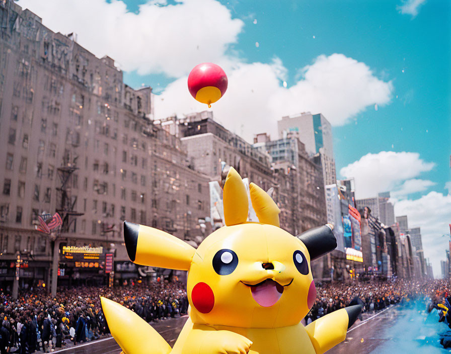 Giant Pikachu balloon in sunny city parade