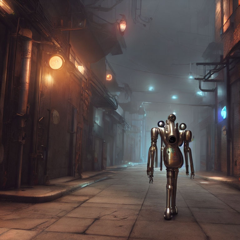 Shiny robot with optical sensors in foggy, dimly lit noir alleyway