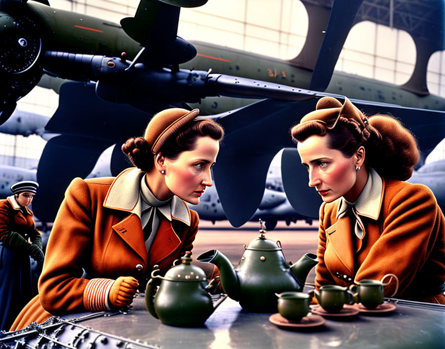 Two women in matching outfits with teapots and cups, vintage plane and personnel.