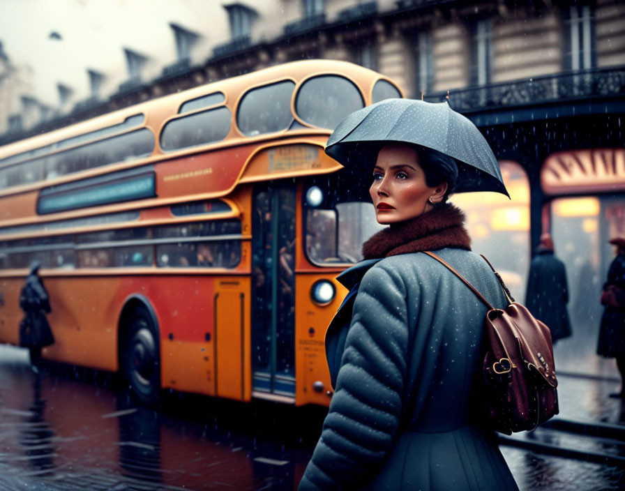 Woman with umbrella and handbag in rain with vintage double-decker bus - classic city scene