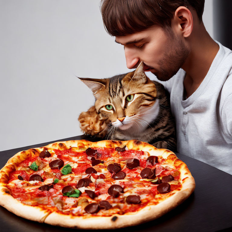 Man and cat eyeing pepperoni pizza on table closely