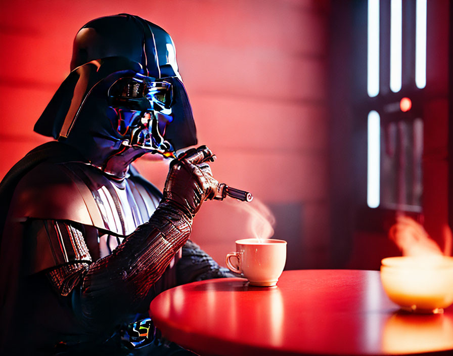 Science fiction character sipping beverage at red table under warm lights