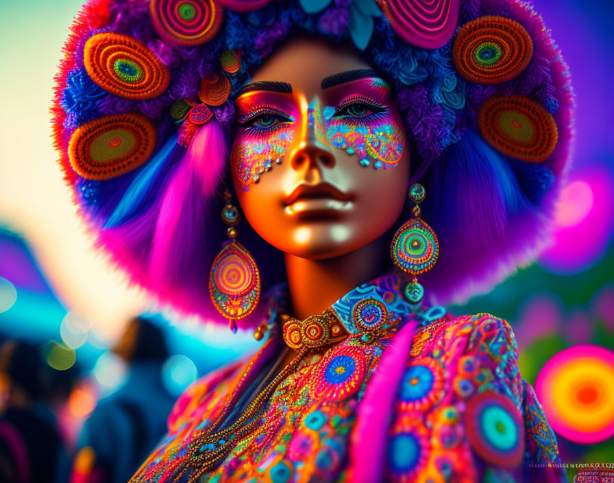 Colorful portrait with purple and blue makeup and headdress on bokeh background