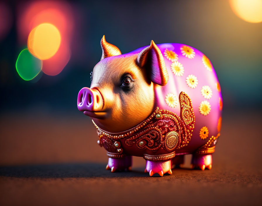 Colorful Ornamental Piggy Bank with Glossy Finish and Intricate Patterns