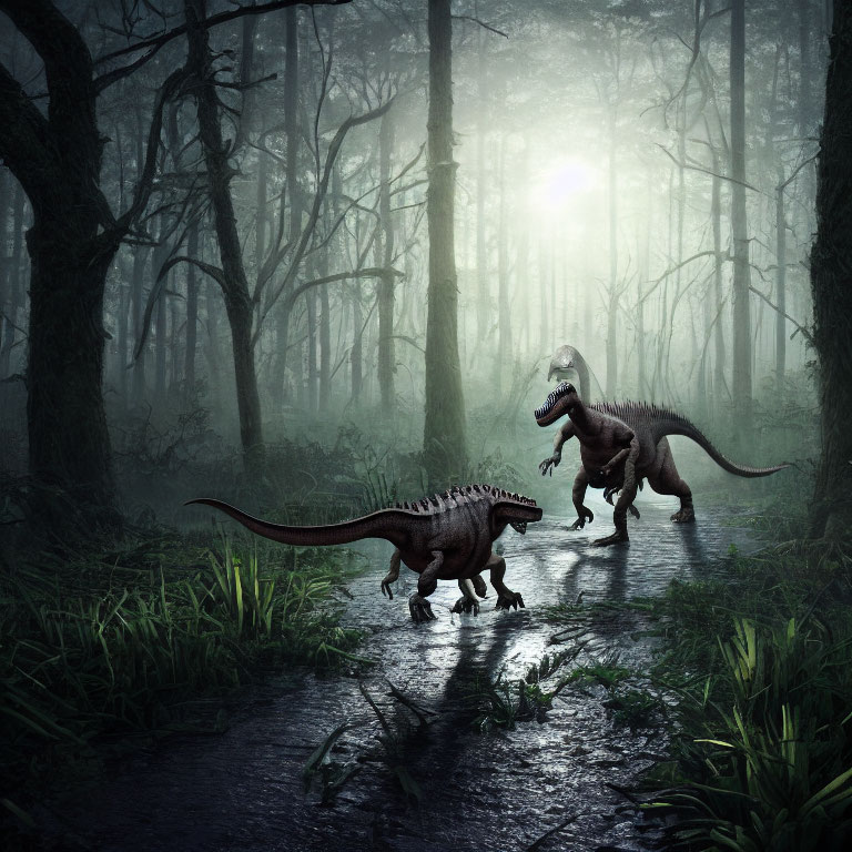 Prehistoric dinosaurs in misty forest with sunlight and watery path