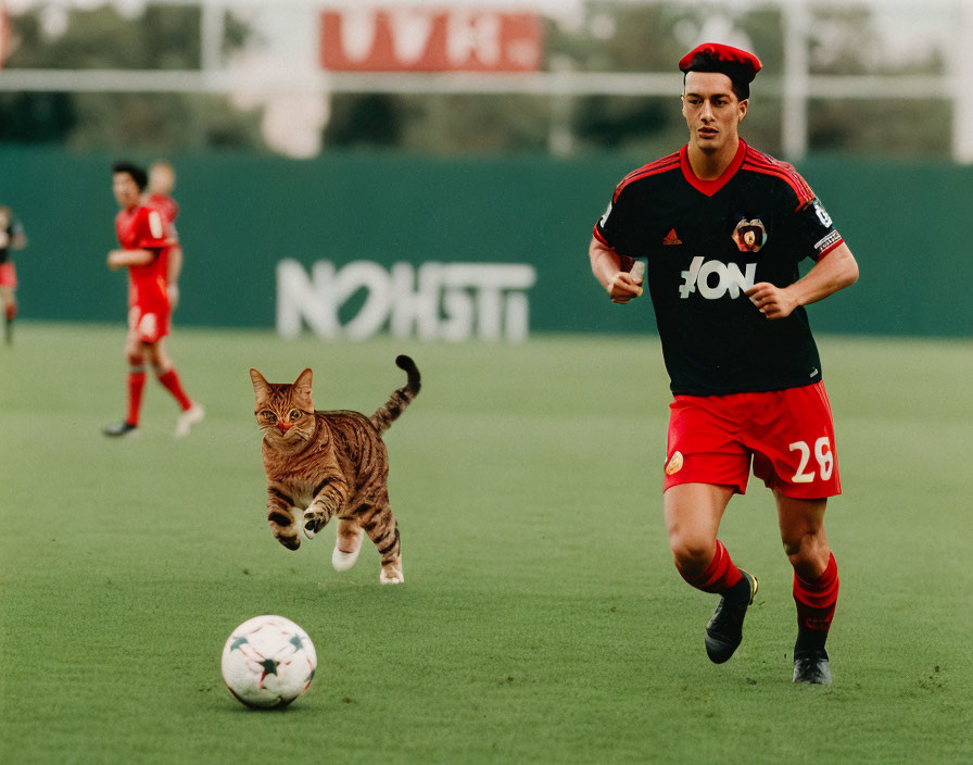 Red Kit Soccer Player Number 26 with Tabby Cat Chasing Ball