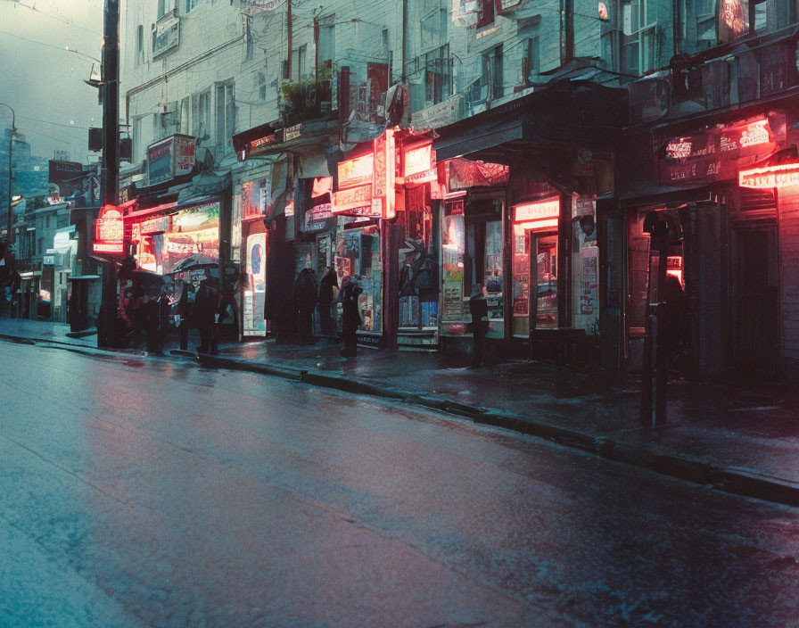 City street scene at dusk with neon-lit storefronts and pedestrians.