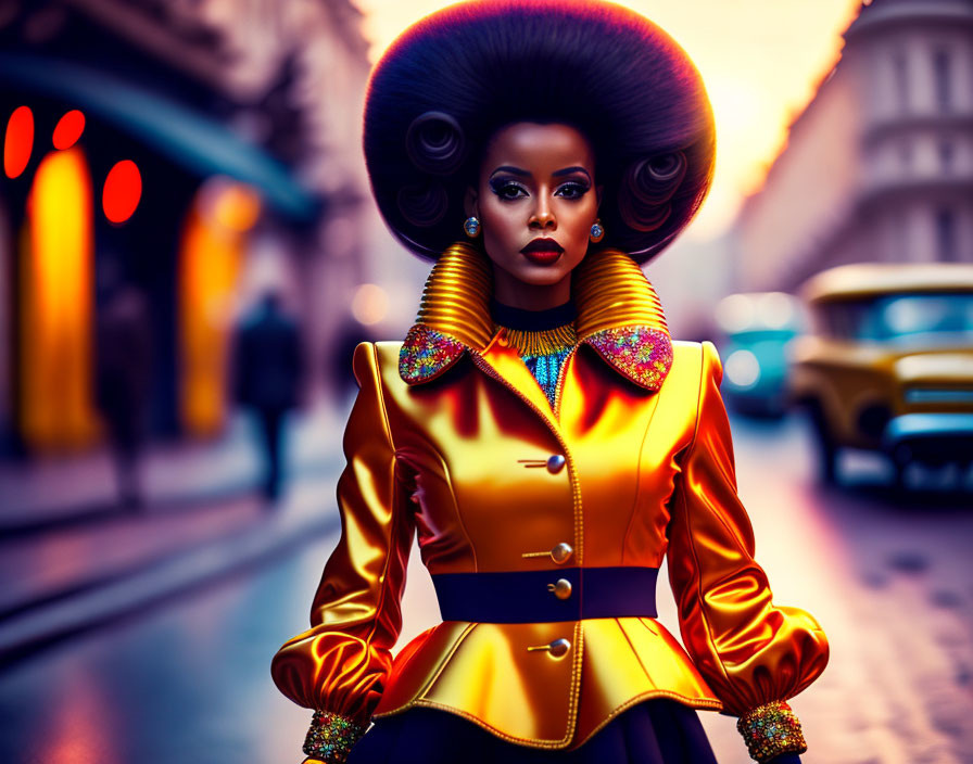 Extravagant Afro Hairstyle and Bold Makeup in Vibrant Jacket on City Street