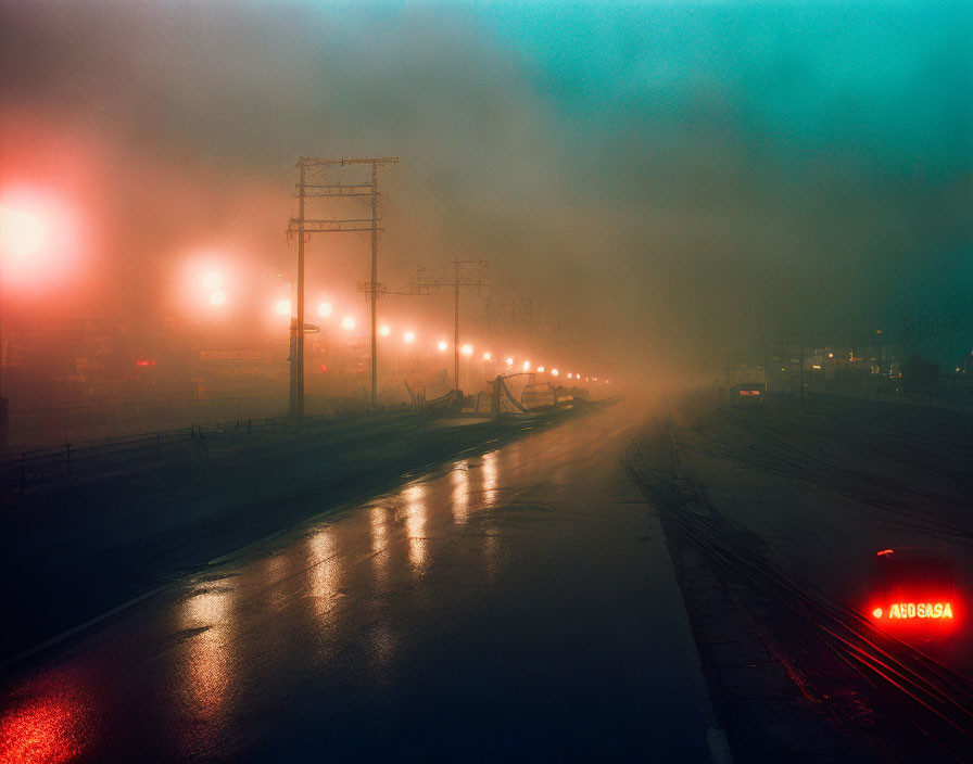 Foggy urban night: glowing streetlights, wet pavement, traffic signal