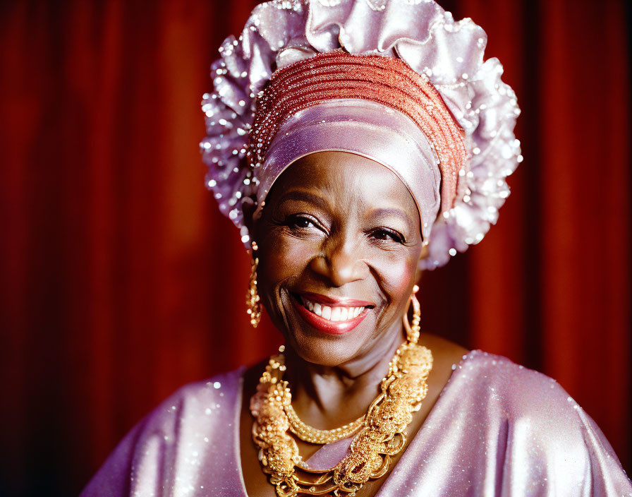 Smiling woman in white head wrap and purple outfit on red background