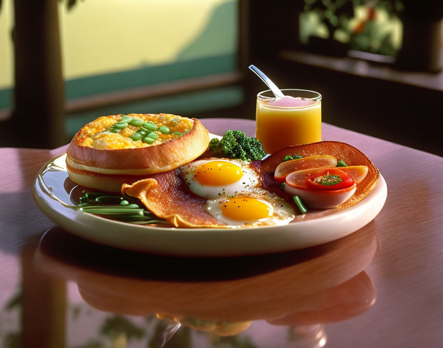 Savory breakfast plate with eggs, bacon, bagel, veggies, and orange juice