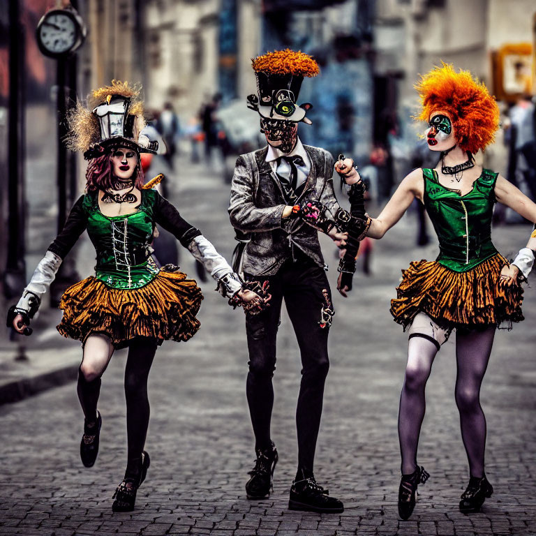 Three People in Vibrant Steampunk Attire Walking on Cobbled Street