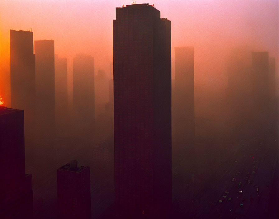 Cityscape at Dusk: Skyscrapers Silhouetted Against Orange Sky