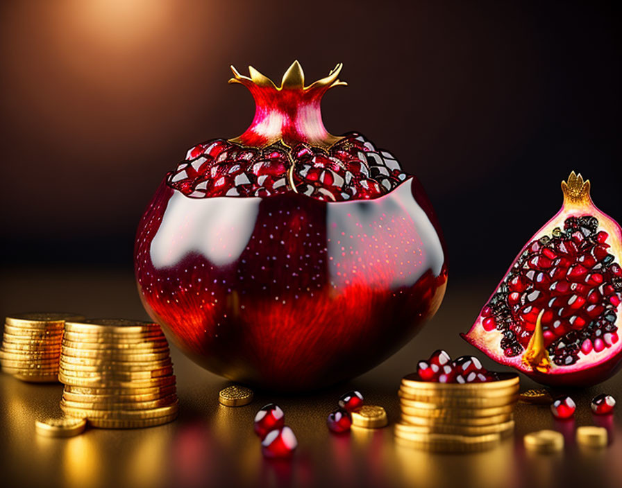 Stylized image of crown-topped pomegranate with seeds and gold coins on reflective surface