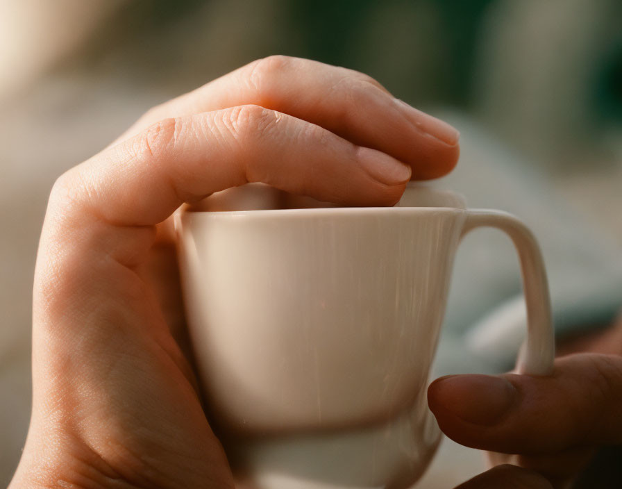 Close-up Photo: Hand Holding White Ceramic Cup in Soft Light