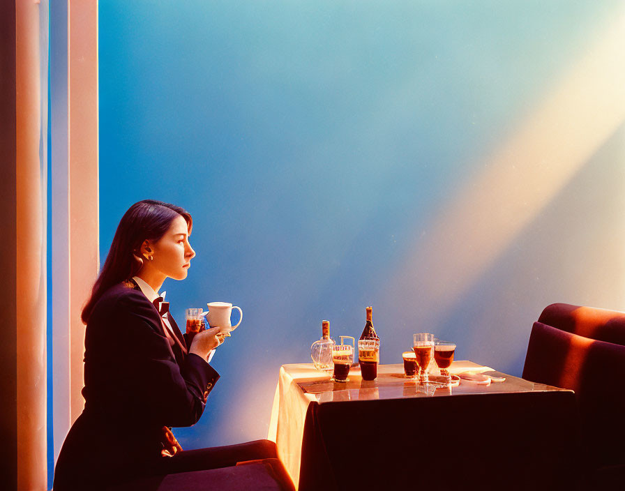 Woman sipping from mug at table with beer bottles on blue background with warm light beam.