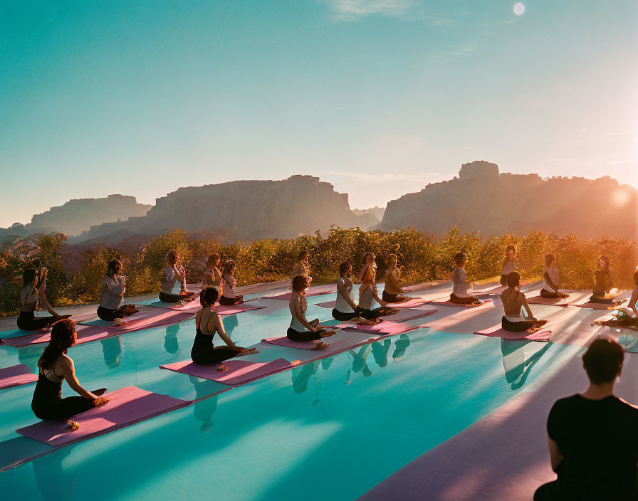 Outdoor sunset yoga session with mountain view