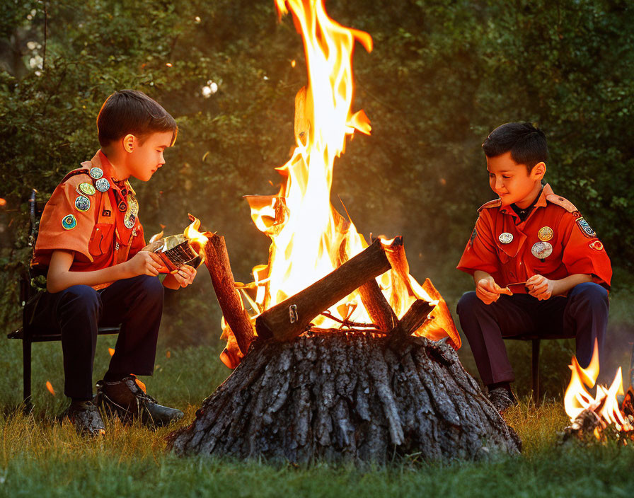 Scouts by campfire at dusk with trees in background