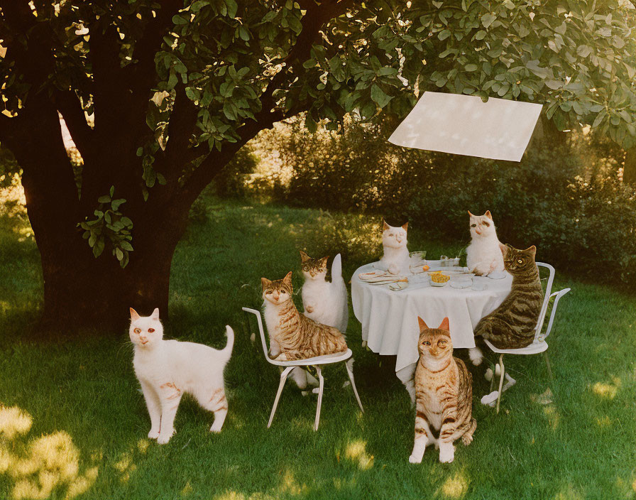 Five Cats Enjoying Garden Tea Party Setup with Chairs and Table on Sunny Day