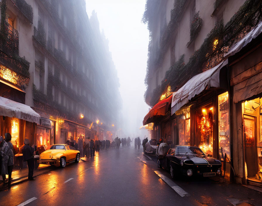 Misty evening city street with warm-lit shops, vintage cars, and classic architecture