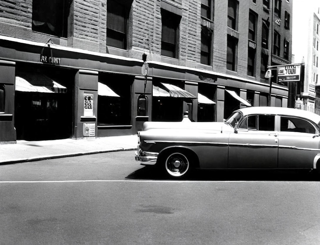 Classic Car Parked on Sunny City Street with Buildings and Shadows