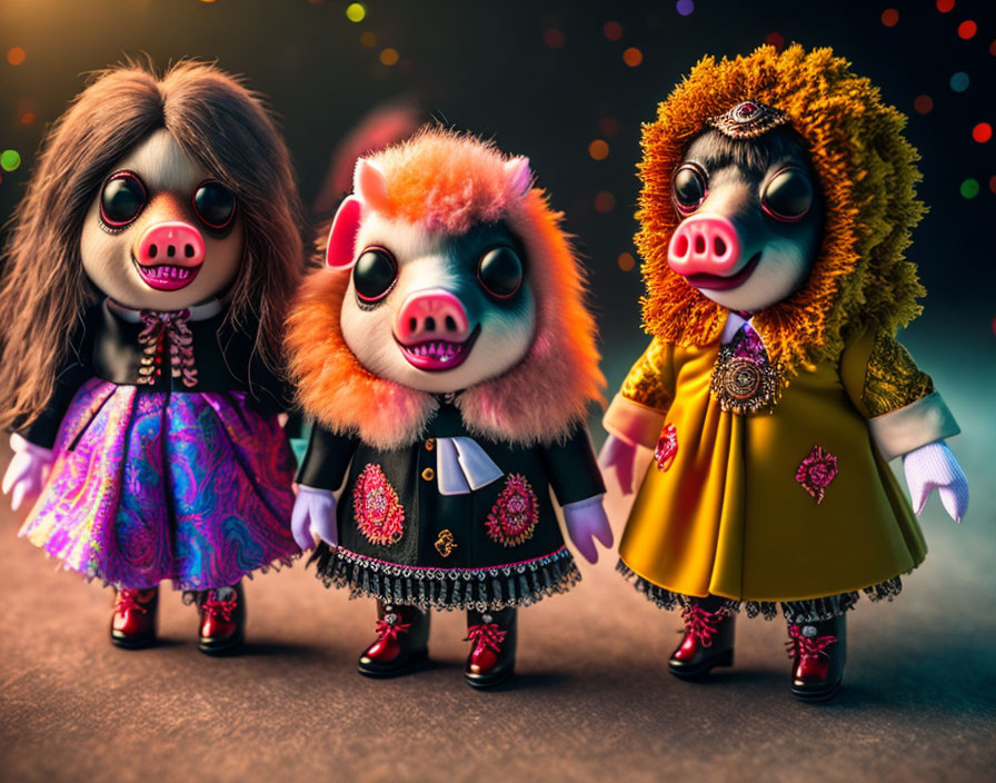 Colorful Whimsical Pig Dolls in Elaborate Outfits