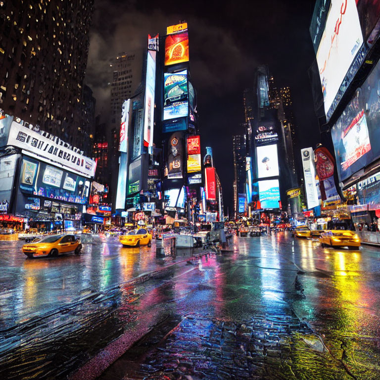 Vibrant night city scene with neon signs, wet pavement, and yellow cabs