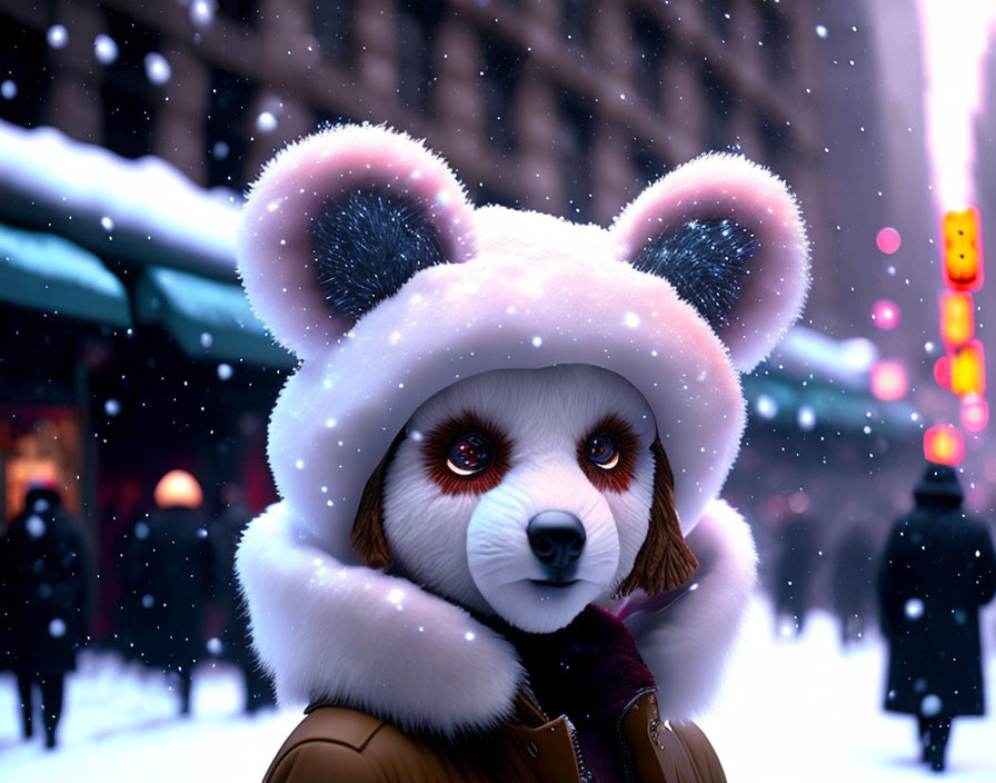 Adorable 3D character with panda-like face in snowy cityscape