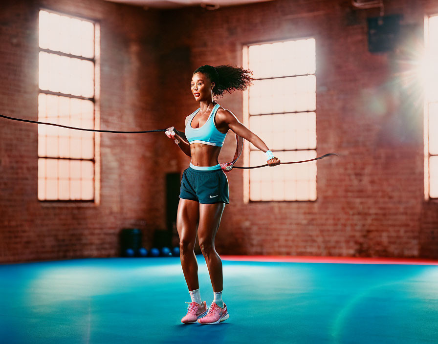 Woman Jumping Rope in Brightly Lit Brick Gym