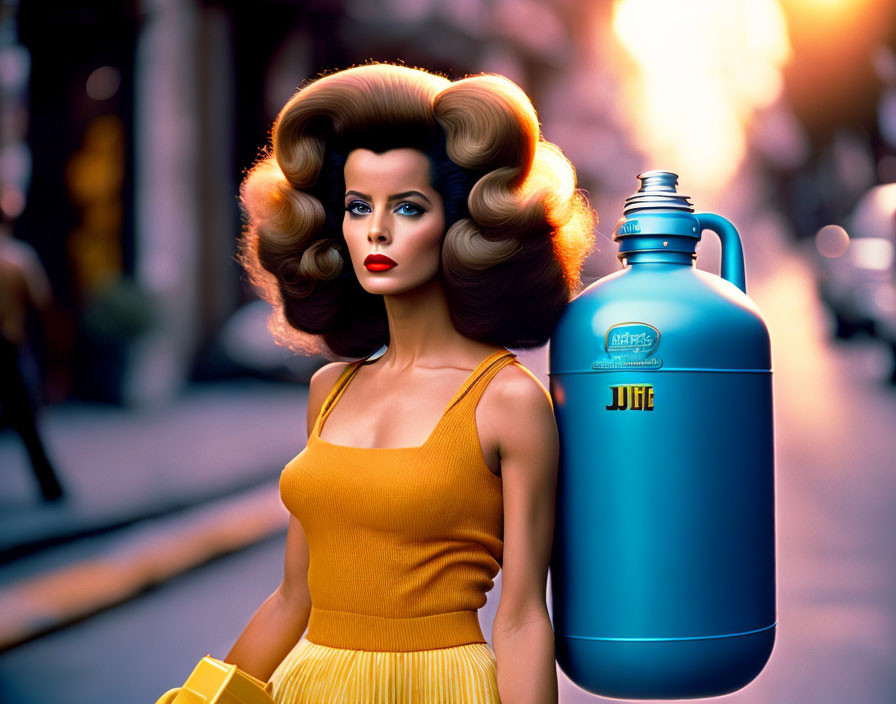 Stylized woman with voluminous hair holding blue "JUICE" tank at city street sunset