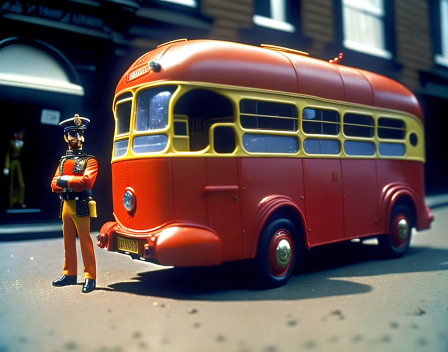 Toy model of classic red bus with British Royal Guard figurine