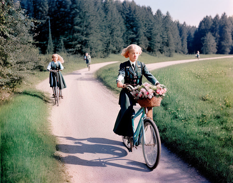 Child in traditional clothing rides flower-adorned bicycle in sunny forest path.