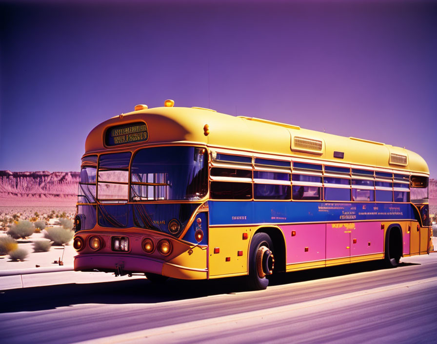 Vintage yellow and pink bus with chrome details in desert landscape