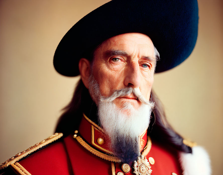 Elderly man in red military uniform with white mustache and medals