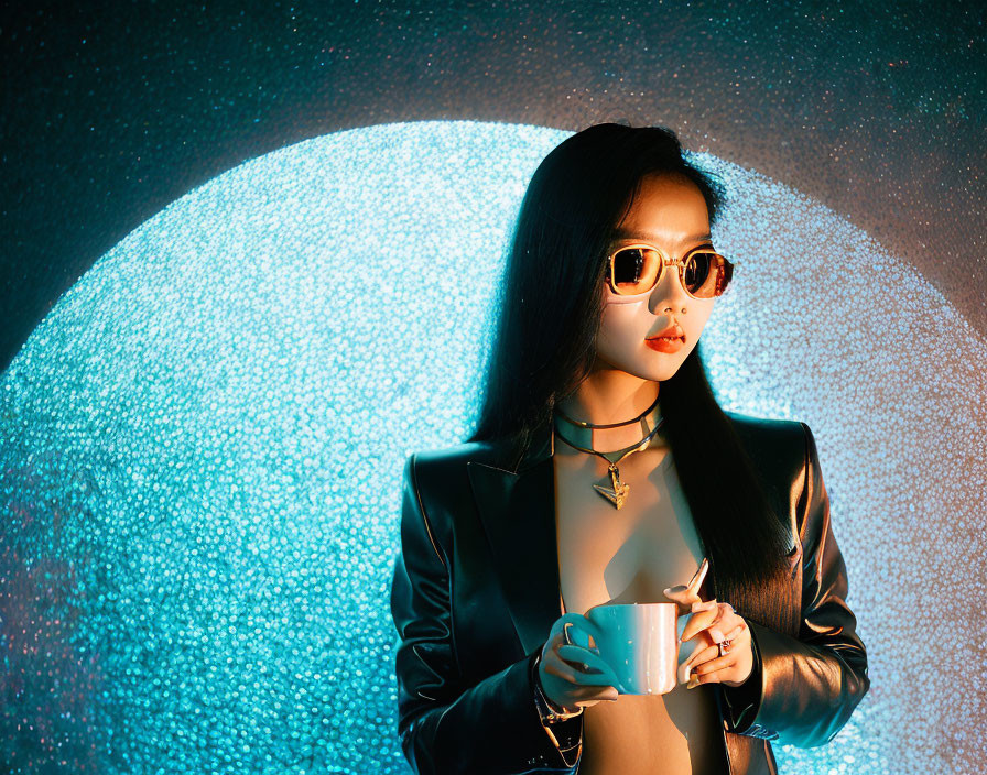 Fashionable woman in sunglasses holding cup against glowing blue backdrop