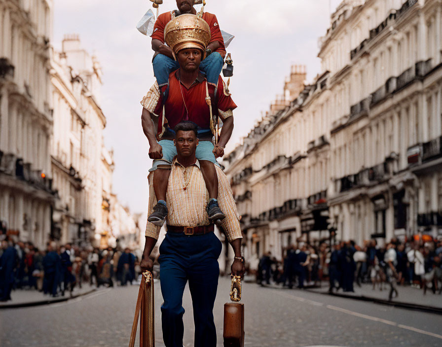 Three performers on stilts in striking costumes parading on urban street