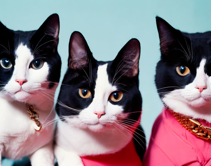 Three black and white cats in colorful outfits on turquoise background