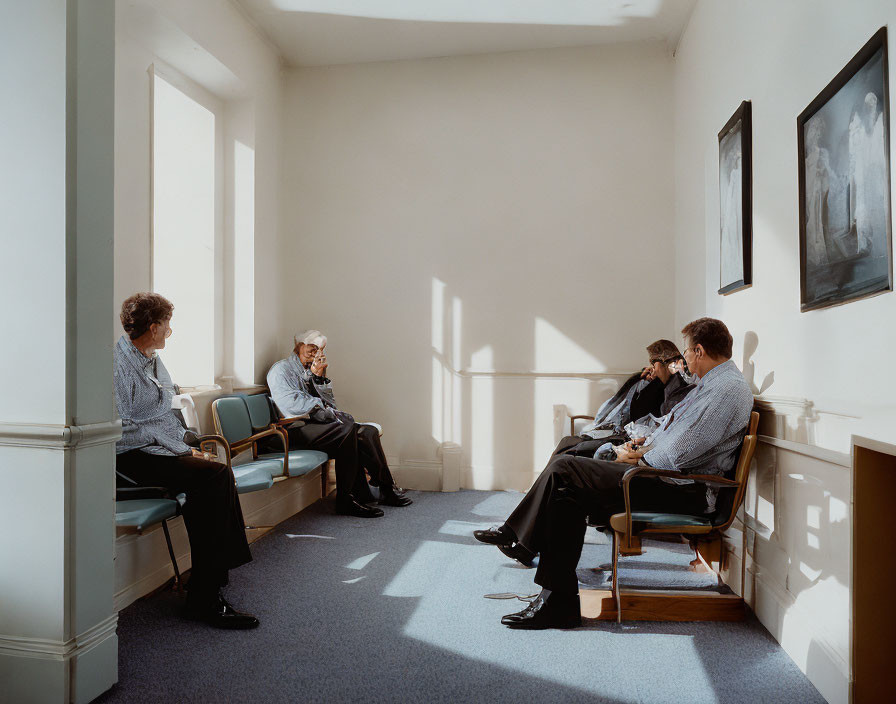 People in waiting room with sunlight, shadows, paintings, tranquil ambiance