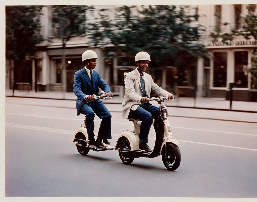 Two people on vintage scooters in city street with building facades